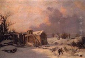 Figures By A Mill In A Winter Landscape by Thomas Birch