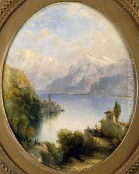 Oval Continental Mountainous Lake Scene With Buildings And Figures. - view 1