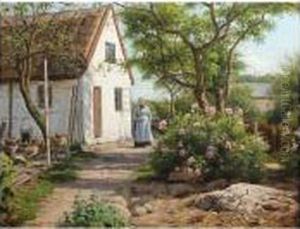 Farmyard With Roses, Signed, Oil On Canvas, 33.5 X 42.5 Cm.; 13 1/4 X 16 3/4 In by Axel Birkhammer