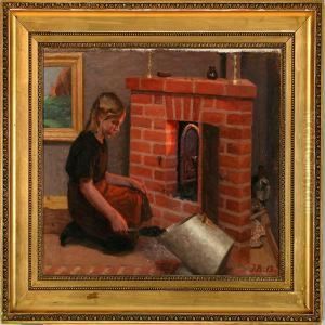 A Girl Fires Up The Fireplace by Jens Birkholm