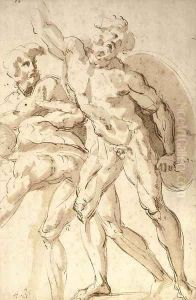 A nude warrior with a shield reaching up to the left, two crouching nudes to the left A nude warrior with a shield reaching up to the left, two crouching nudes to the left