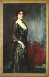 Portrait Of A Dark-haired European Mistress Wearing A Black Dress by Oswald Hornby J. Birley