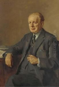 Portrait Of Sir Geoffrey Ellis, Bt., Seated Half-length, In A Blacksuit, At His Desk