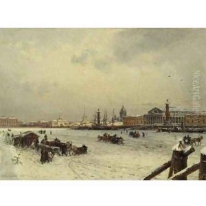 View of St. Petersburg in winter, with the cuppola of St. Isaac's Cathedral in the distance 1878 by Aleksandr Karlovich Beggrov
