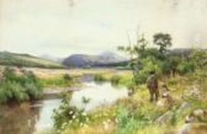 Children Playing By A Stream; And Two Children Fishing By Astream by Walter Follen Bishop