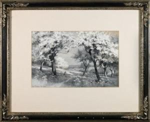 Composition Of A Young Child Beneath Trees On A Hill Overlooking A Town