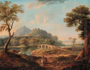 A wooded River Landscape, with figures by a bridge beneath a castle, a town beyond