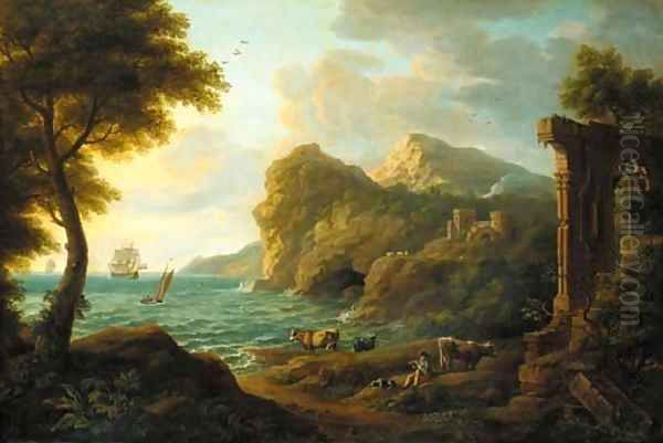 A drover with cattle in a classical coastal landscape - view 1