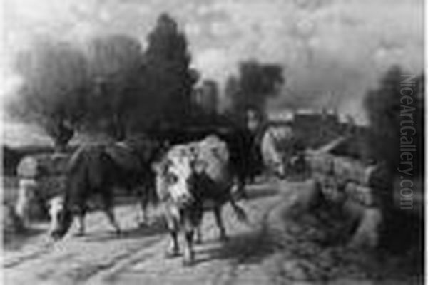 Troupeau De Vaches Traversant Un
Pont Huile Sur Toile Signee Et Situee A Paris, Et Datee 1879 En Bas A
Droite.65 X 101 Cm - view 1