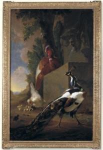 A Turkey, Peacock, A Chicken With His Chicks Beside A Classical Fountain In A Landscape by Abraham Bisschop Dordrecht