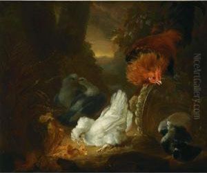 A Hen, A Cockerel And Pigeons In A Wooded Landscape by Abraham Bisschop Dordrecht