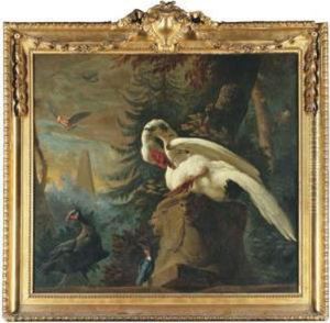 A Classical Wooded Landscape With A Muscovy Duck, A Guinea Fowl Anda Kingfisher by Abraham Bisschop Dordrecht