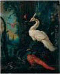 A Peacock, A Peahen, A Pheasant And Other Exotic Birds In An Ornamental Landscape by Abraham Bisschop Dordrecht