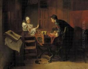 A Sunlit Hindeloopen Interior With Parents Proudly Admiring Theirnewlyborn by Christoffel Bisschop