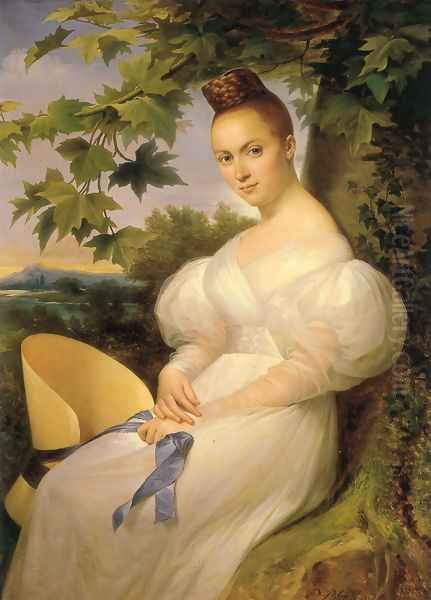 Portrait of a lady, seated in a landscape, in a white dress holding a straw hat 1830 - view 1