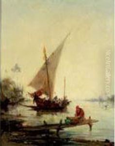 Le Retour De La Peche Dans Un Paysage De Palmiers by Paul Bistagne