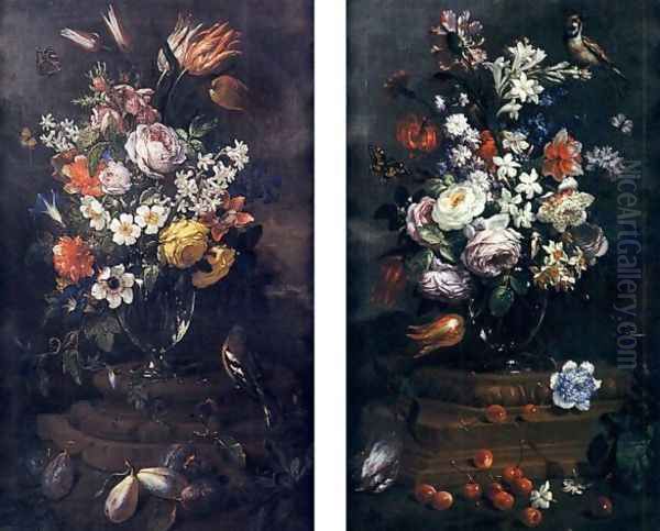 Nature morte aux bouquet de fleurs, cerises et oiseau and Nature morte aux bouquet de fleurs, quetsches et un geai - view 1
