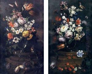 Nature morte aux bouquet de fleurs, cerises et oiseau and Nature morte aux bouquet de fleurs, quetsches et un geai by Bartolommeo Bimbi