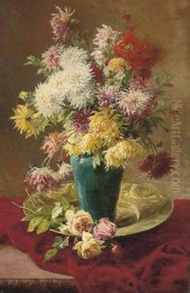 Chrysanthemums And Roses In A Vase On A Salver - view 1