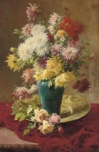 Chrysanthemums And Roses In A Vase On A Salver
