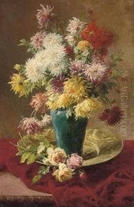 Chrysanthemums And Roses In A Vase On A Salva