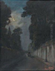 "effet De Lune, La Caleche A La
Tombee Dela Nuit" Pastel, Signe En Bas A Droite. 98,5 X 77 Cm by Henri Biva