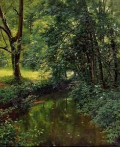 Waldpartie Mit Bachlauf Im Sonnenschein.