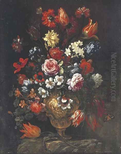 Tulips, roses, poppies, chrysanthemums, hyacinths and other flowers with butterflies in a sculpted vase on a ledge - view 1
