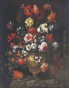 Tulips, roses, poppies, chrysanthemums, hyacinths and other flowers with butterflies in a sculpted vase on a ledge by Bartolommeo Bimbi