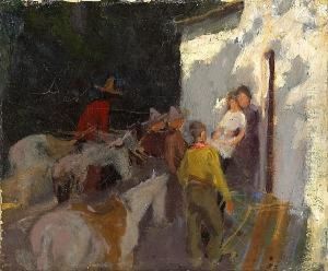 Cowboys Tying Up Horses By An Adobe by Laverne Nelson Black