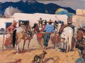 Gathering Of Cowboys Outside An Adobe by Laverne Nelson Black