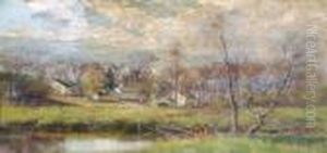 Houses By A Stream In An Autumn Landscape by Olive Parker Black
