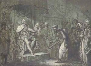 His Majesty King George III and Officers of State receiving the Turkish ambassador and suite by Mather Brown