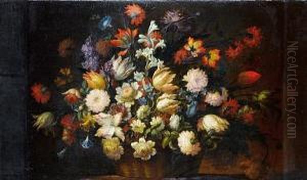 Roses, Tulips, Peonies, Jasmine And Otherflowers In A Wicker Basket On A Table Top - view 1