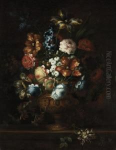 Tulips, Chrysanthemums, Violets 
And Other Flowers In A Sculptedbronze Urn, On A Stone Ledge