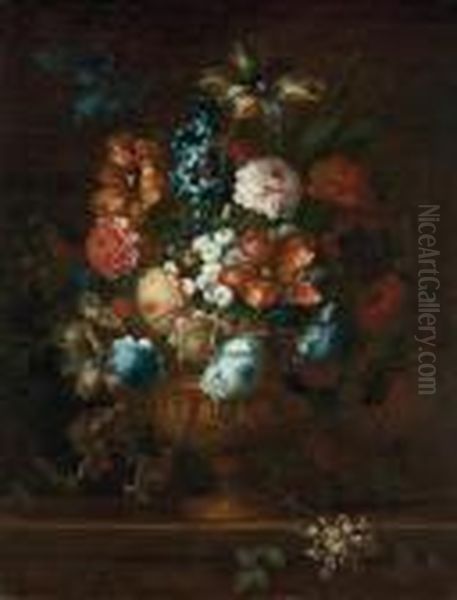 Tulips, Chrysanthemums, Violets
And Other Flowers In A Sculpted Bronze Urn, On A Stone Ledge - view 1
