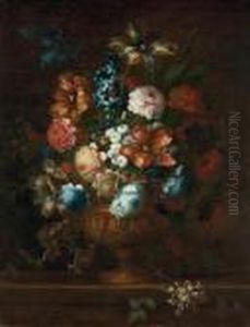 Tulips, Chrysanthemums, Violets 
And Other Flowers In A Sculpted Bronze Urn, On A Stone Ledge by Jean Baptiste Belin de Fontenay