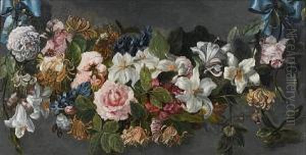 A Swag Of Roses, Honeysuckle,
Delphiniums, Lilies, And Other Flowers Held By Blue Ribbons - view 1