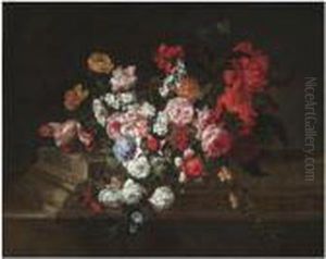 A Still Life With Roses, Tulips,
 Peonies, Carnations And Otherflowers On A Sculpted Stone Ledge