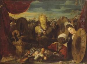 Buste De Bacchus Entoure D'une 
Guirlande De Fleurs, Avec Unecorbeille De Fruits, De La Vaisselle 
Precieuse Et Deuxpersonnages