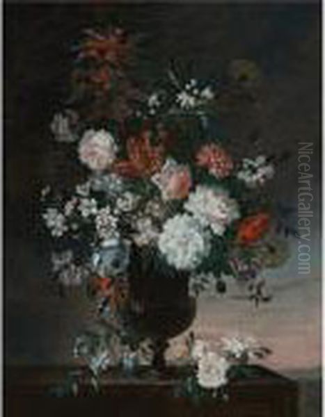 Carnations, Roses And Other Flowers In An Urn, A Sunrise Beyond - view 1