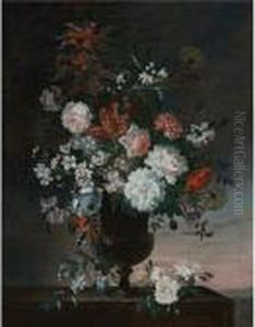 Carnations, Roses And Other Flowers In An Urn, A Sunrise Beyond
