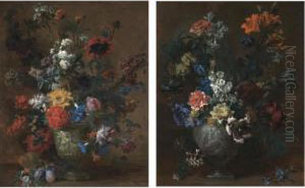 Carnations, Lilies, Delphinium, 
Tulips, Fritillaria Imperialis, Iris, Apple Blossom, Honeysuckle, 
Narcissi And Other Flowers In A Stone Vase Sculpted With The Figure Of 
Ceres Crowned By A Putto;
 Morning-glory, Martagon Lilies, Poppies, A Sunflower - view 1
