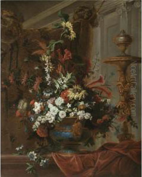 Still Life With A Bouquet Of
Flowers In An Elaborate Brass Urn Standing In A Palatial Interior - view 1