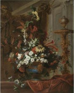 Still Life With A Bouquet Of
Flowers In An Elaborate Brass Urn Standing In A Palatial Interior by Jean Baptiste Belin de Fontenay