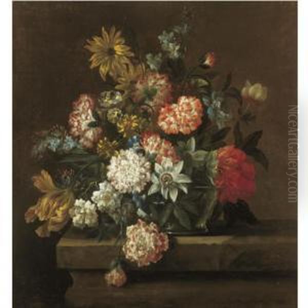Still Life With Chrysanthemums, 
Morning Glory, A Tulip And Other Flowers In A Glass Vase Resting On A 
Ledge - view 1