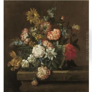 Still Life With Chrysanthemums,
Morning Glory, A Tulip And Other Flowers In A Glass Vase Resting On A
Ledge by Jean Baptiste Belin de Fontenay
