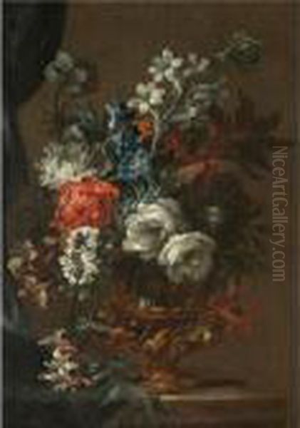 A Still Life With A Bouquet Of Flowers In A Bronze Urn On A Stone Ledge - view 1