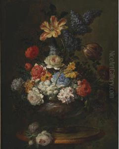 Still Life Of Tulips, Lilacs, Peonies And Other Flowers In A Vase Resting On A Table - view 1