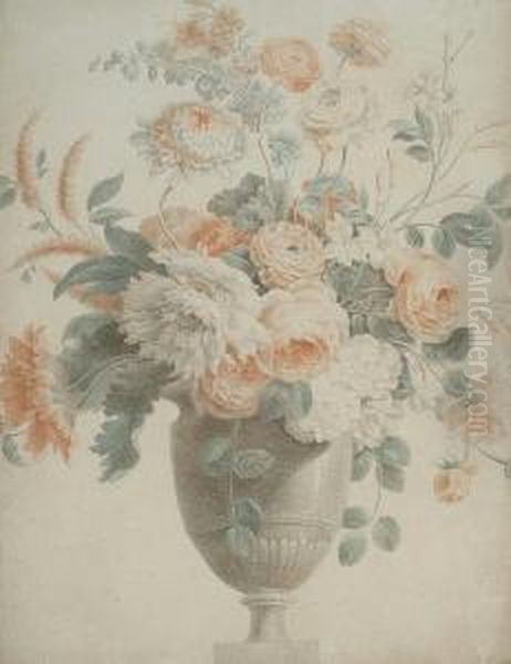 Roses, Chrysanthemums, Poppies And Other Flowers In A Bronze Urn - view 1
